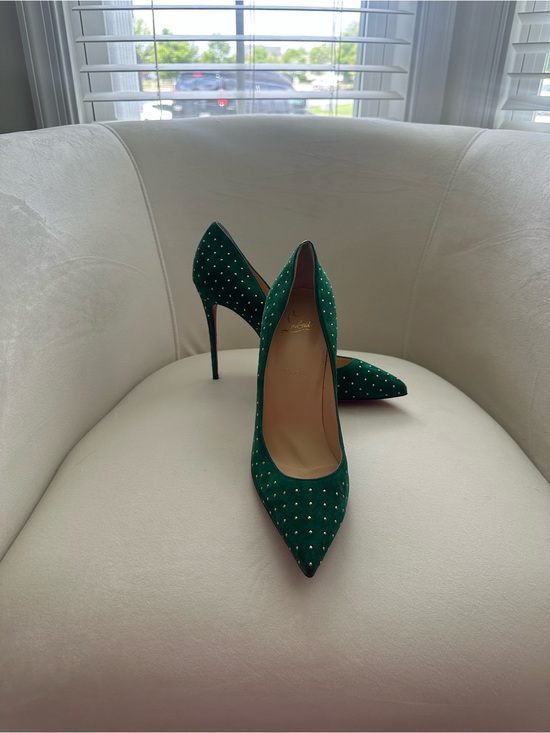 Christian Louboutin Shoes - Christian Louboutin Emerald Green Suede Studded Pointed Pumps